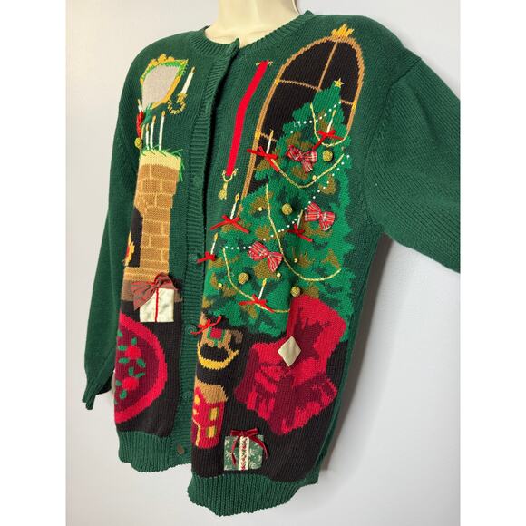 Susan Bristol 1995 Christmas 2D Cardigan Green Tree and Fireplace Women's M - Picture 4 of 10